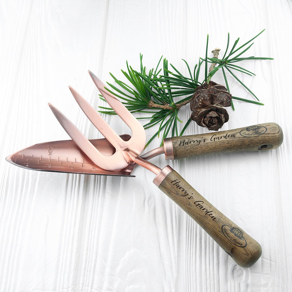 Personalised Luxe Copper Trowel and Fork Set - Engraved Memories