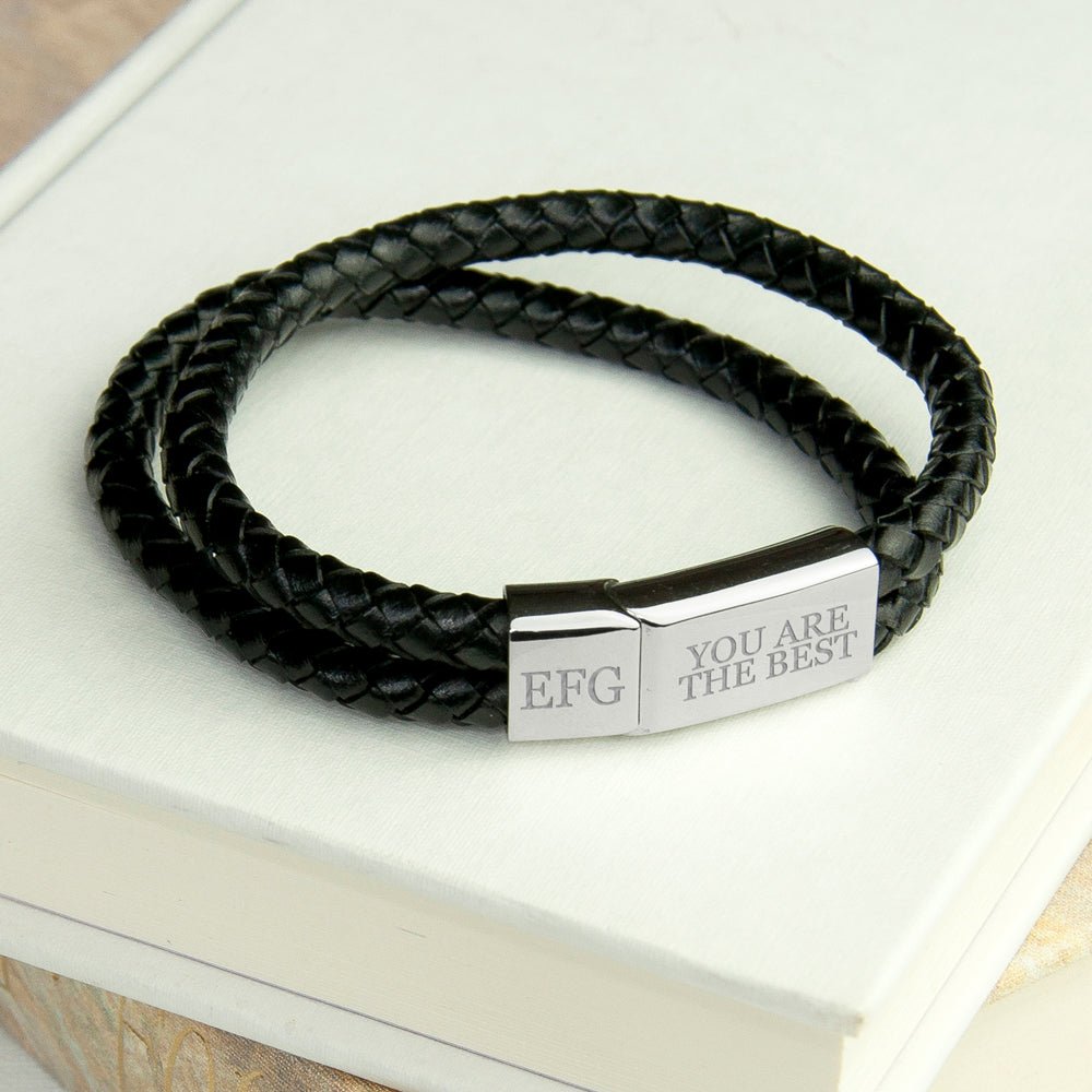 Personalised Men's Dual Leather Woven Bracelet in Black - Engraved Memories