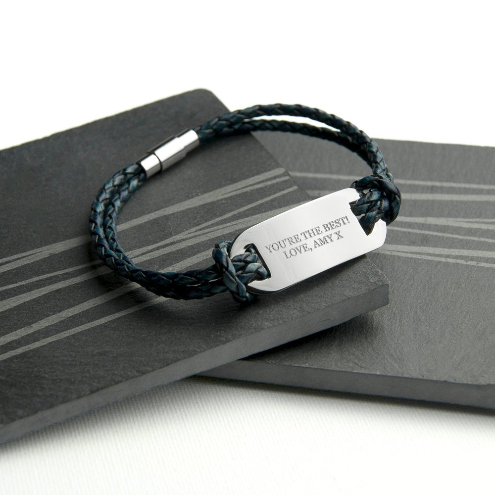 Personalised Men's Statement Leather Bracelet In Navy - Engraved Memories