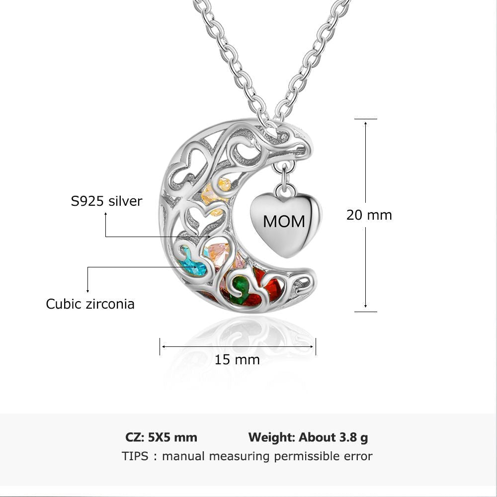 925 Sterling Silver Birthstones Moon Cage Necklace with Heart Charm Pendant - Engraved Memories