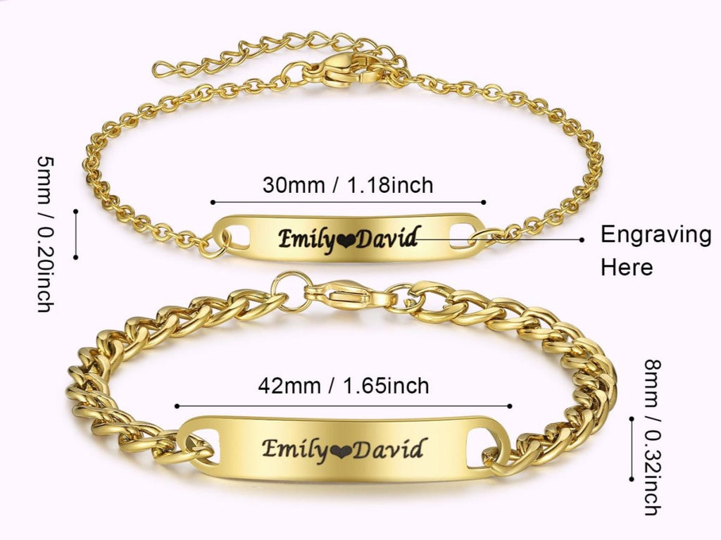 Couple Bracelet, Gold Plated Personalised Bracelets, Gold Stainless Steel Engraved Bracelets - Engraved Memories
