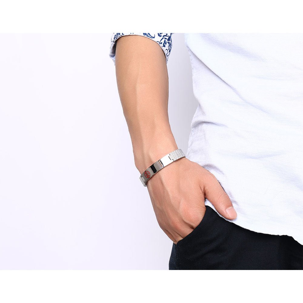 Custom Medical Bracelet - Personalised Stainless Steel Men's Medical Alert Bracelet, Medical ID Bracelet for Men, Elastic Adjustable Link Strap - Engraved Memories