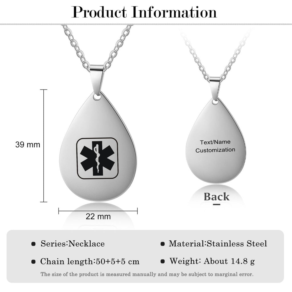 Custom Medical Necklace - Women's Medical Alert Pendant Chain, Personalised Medical ID Necklace for Ladies, Teardrop Medical Necklace - Engraved Memories