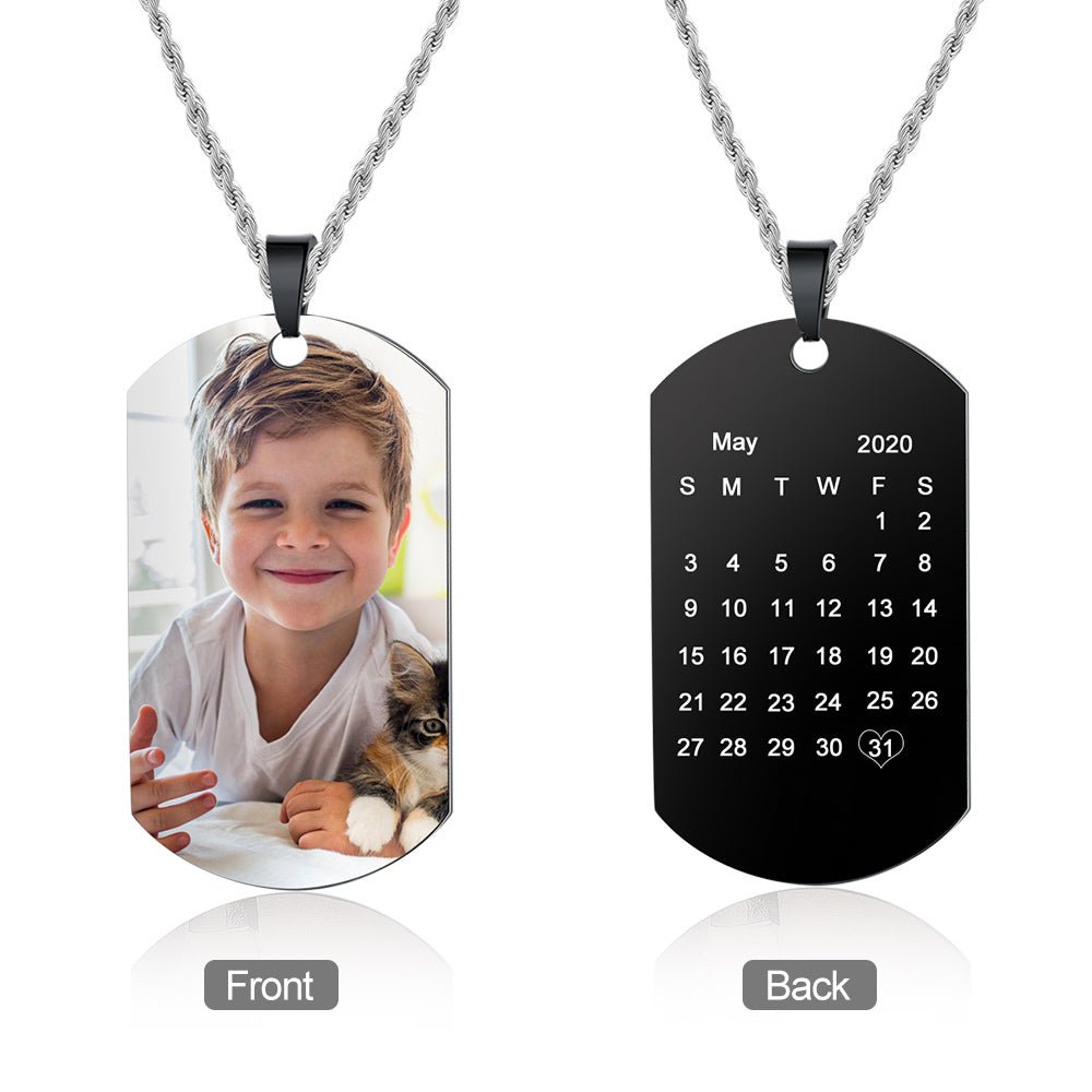 Custom Photo & Calendar Dog Tag Pendant, Men's Necklace - Engraved Memories
