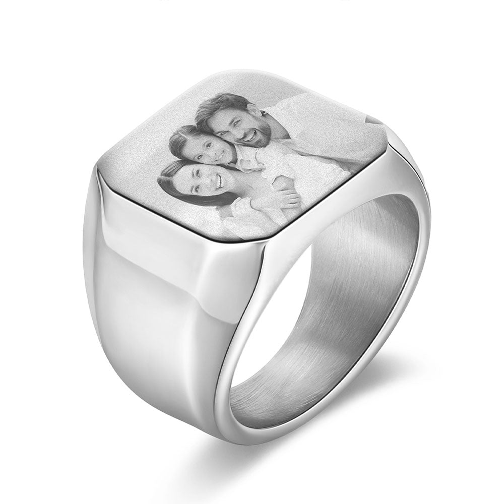 Custom Photo Ring, Personalised Steel Photo Ring for Men, Picture Ring Engraved Memories