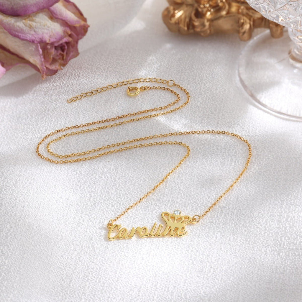 Cutout Name Necklace With Birthstone & Crown, Personalised Cutout Name Pendant, Birthday Gift - Engraved Memories