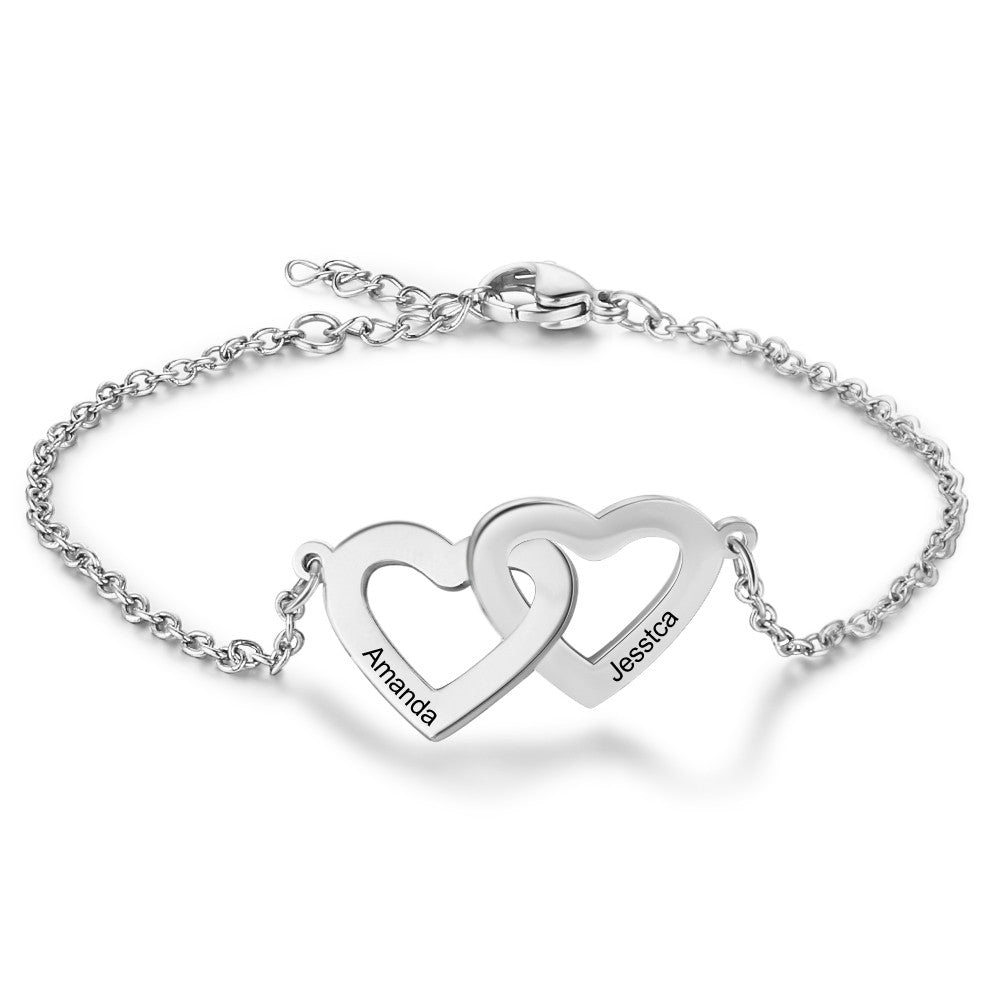 Double Heart Bracelet, Personalised Stainless Steel Chain Bracelet with Engraved Names - Engraved Memories