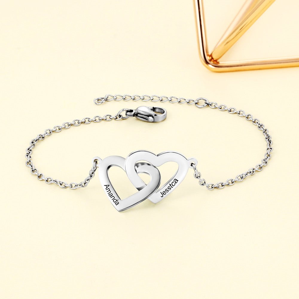 Double Heart Bracelet, Personalised Stainless Steel Chain Bracelet with Engraved Names - Engraved Memories