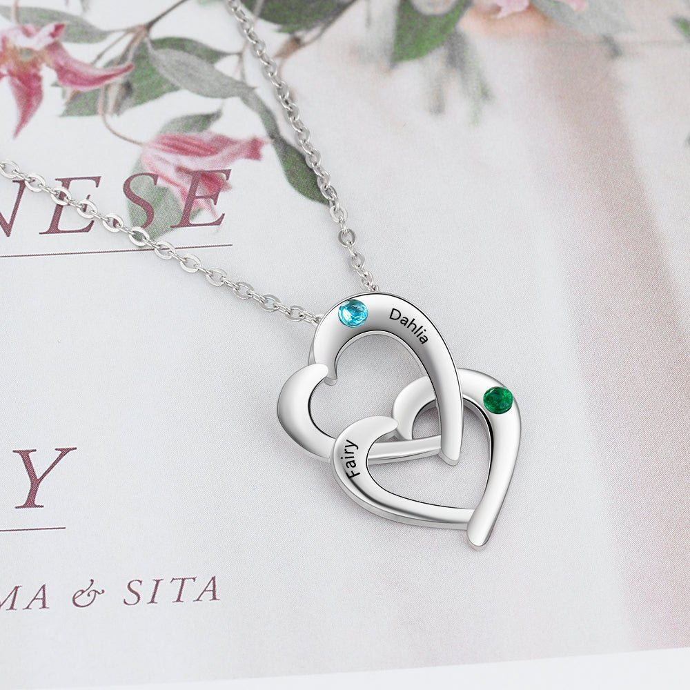 Double Heart Pedant Necklace, Personalised Sterling Silver 925 Engraved Names and Birthstones Necklace - Engraved Memories