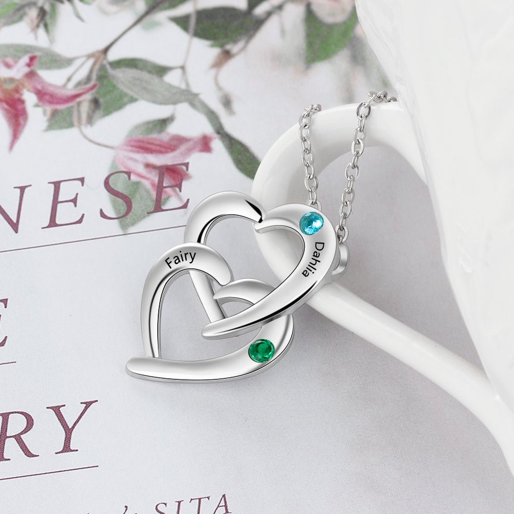 Double Heart Pedant Necklace, Personalised Sterling Silver 925 Engraved Names and Birthstones Necklace - Engraved Memories