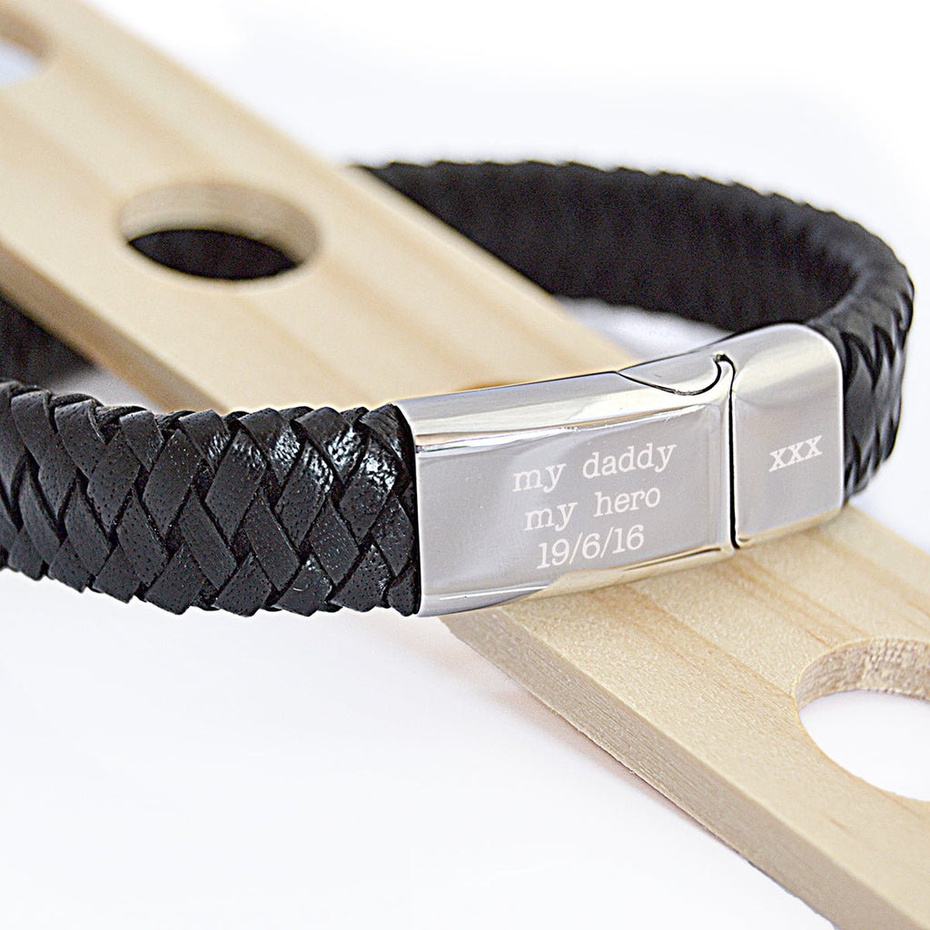 Engraved Message Black Leather Bracelet with Stainless Steel Clasp Father's day gift - Engraved Memories