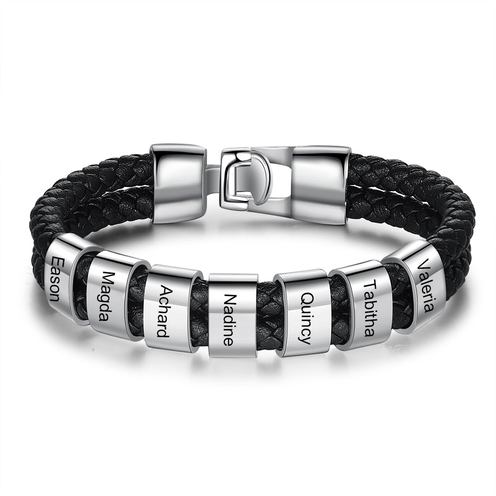 Leather Bracelet - Personalised Name Beads Bracelet, Men's Bracelet, Father's day Gift for Him - Engraved Memories