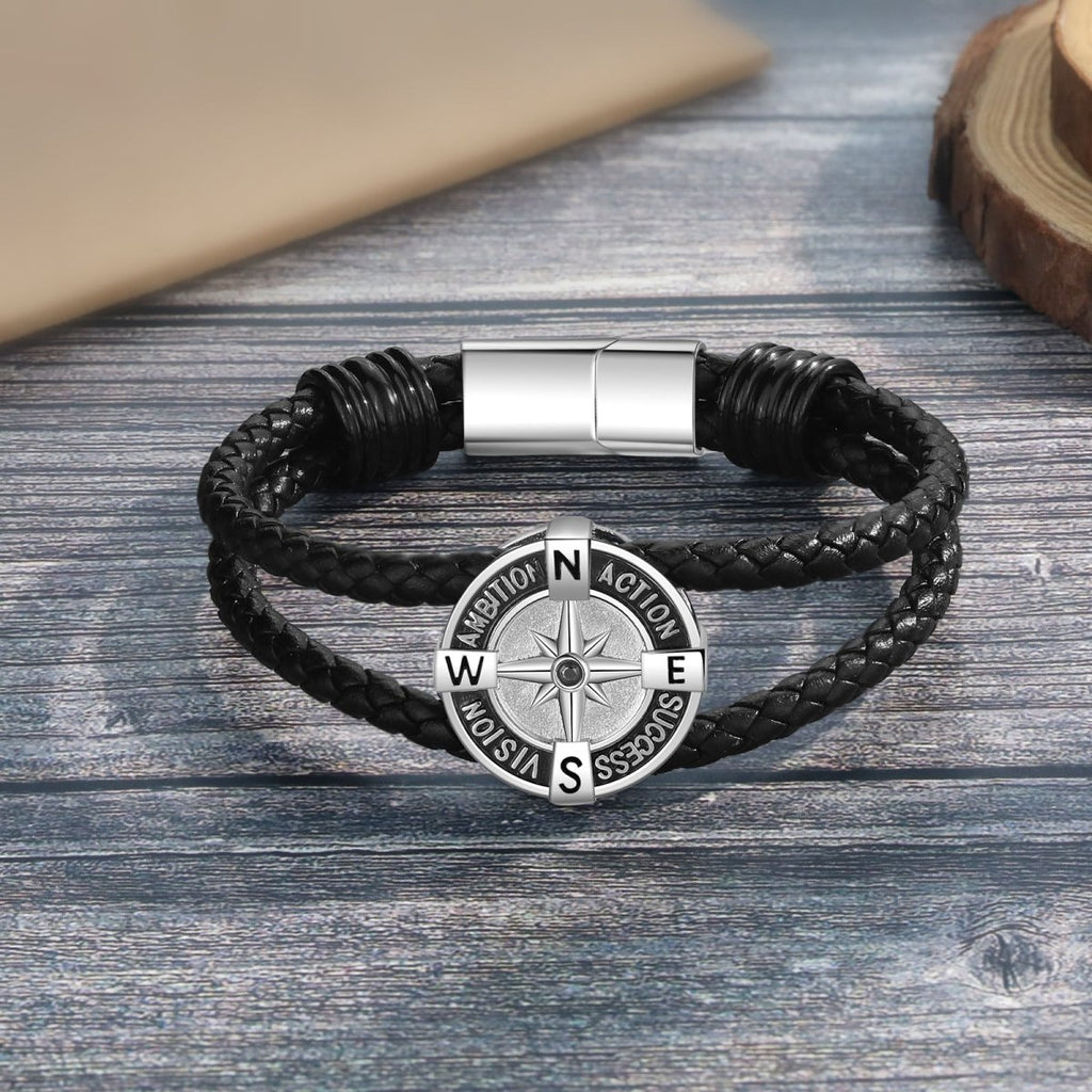 Leather Bracelet with Compass & Photo, Engraved Navigator Wristband, Personalised Gift for Her, Men's Jewelry - Engraved Memories
