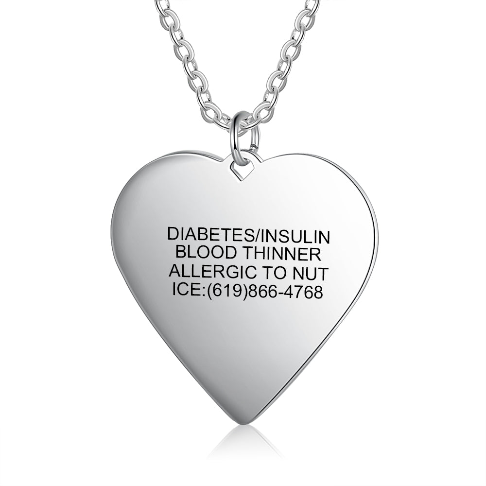 Medical ID Necklace, Medical Alert Heart Pendant Chain, Personalised Stainless Steel Medical Necklace - Engraved Memories