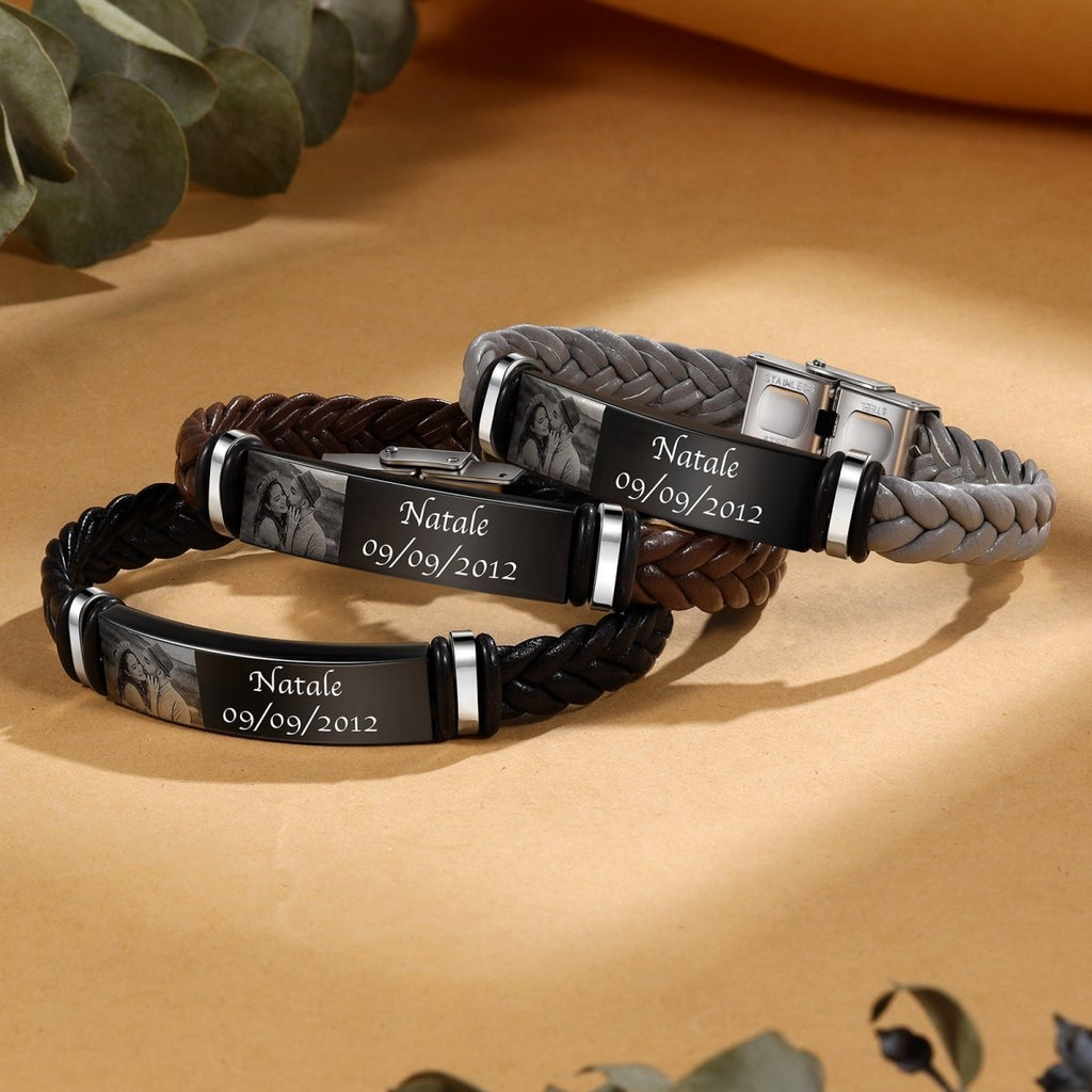 Men's Photo Bracelet - Stainless steel & Leather Personalised Bracelet for Him - Engraved Memories