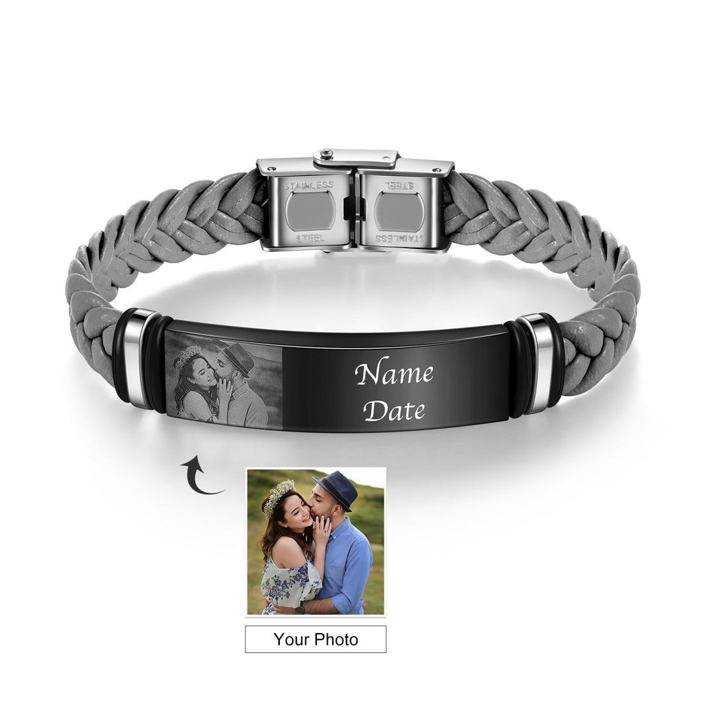 Men's Photo Bracelet - Stainless steel & Leather Personalised Bracelet for Him - Engraved Memories