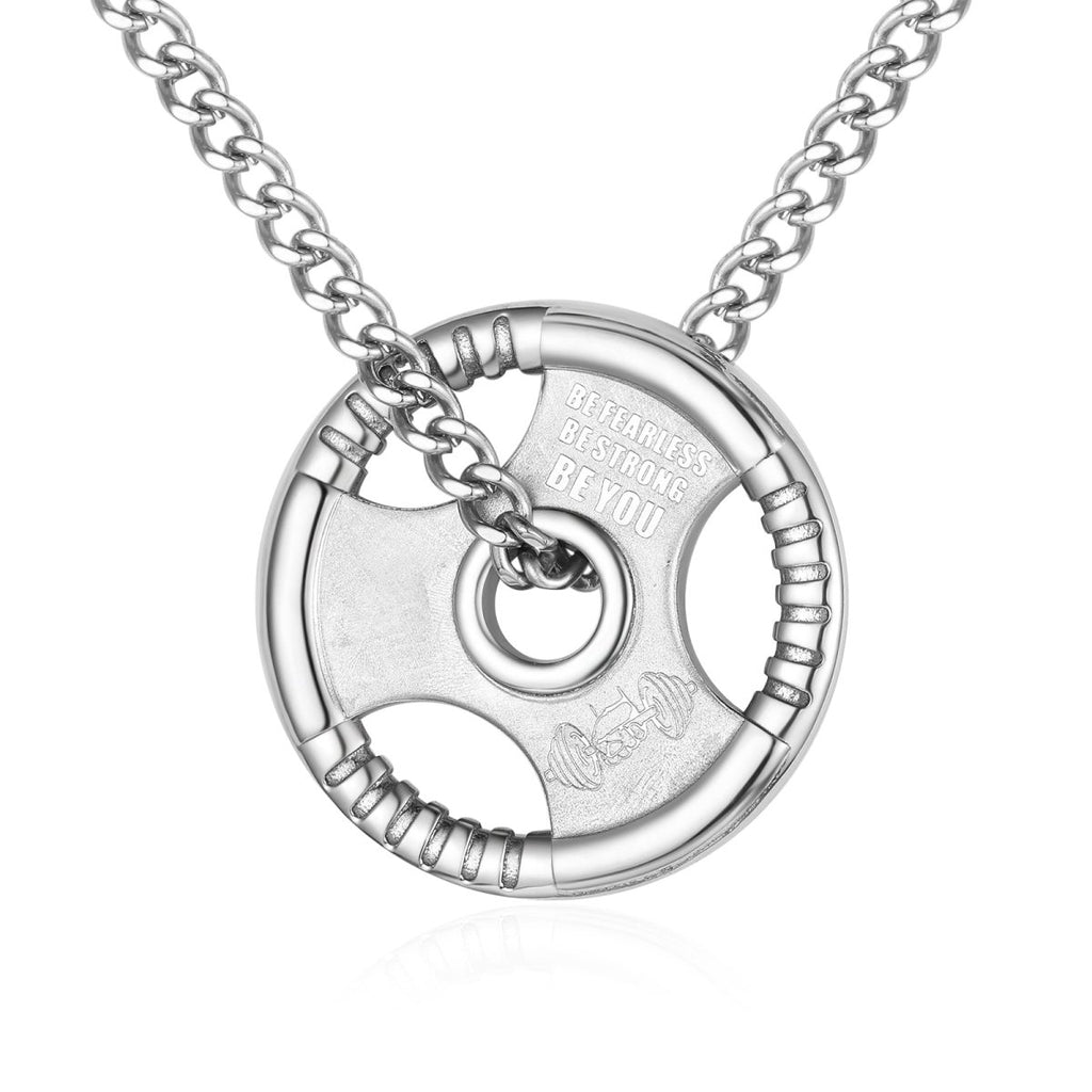Men's Stainless Steel Weight Plate Pendant, Gym Bro Weightlifter Necklace - Engraved Memories