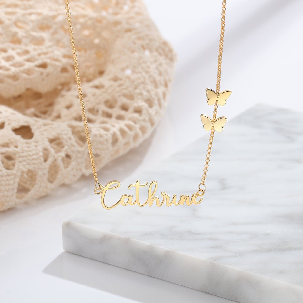 Name Necklace, Cursive Name Pendant, Personalised Necklace, Butterfly design, Dainty Valentine's day Gift - Engraved Memories