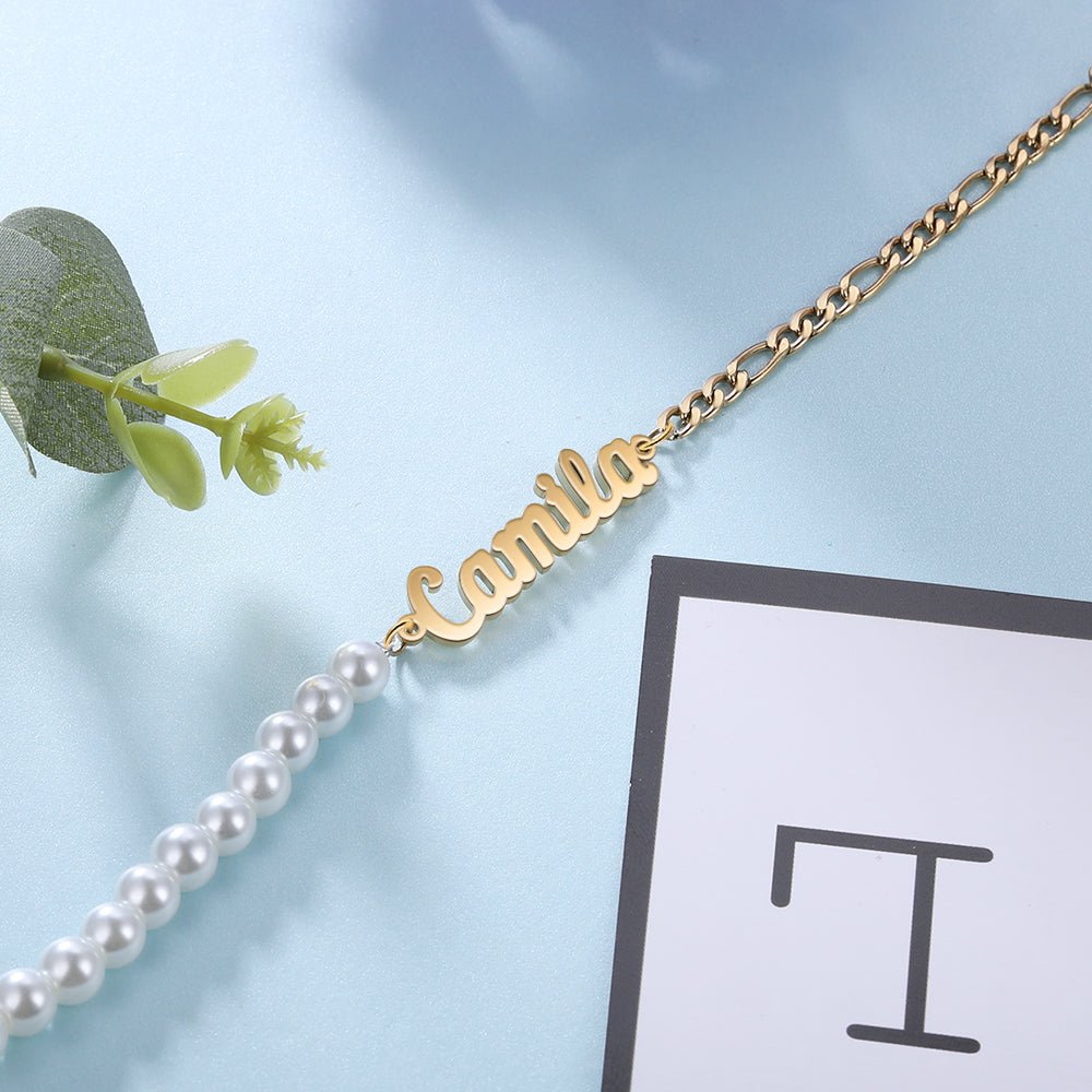 Pearl Name Bracelet, Personalised Stainless Steel Bracelet with Pearls, Cutout Name Bracelet - Engraved Memories