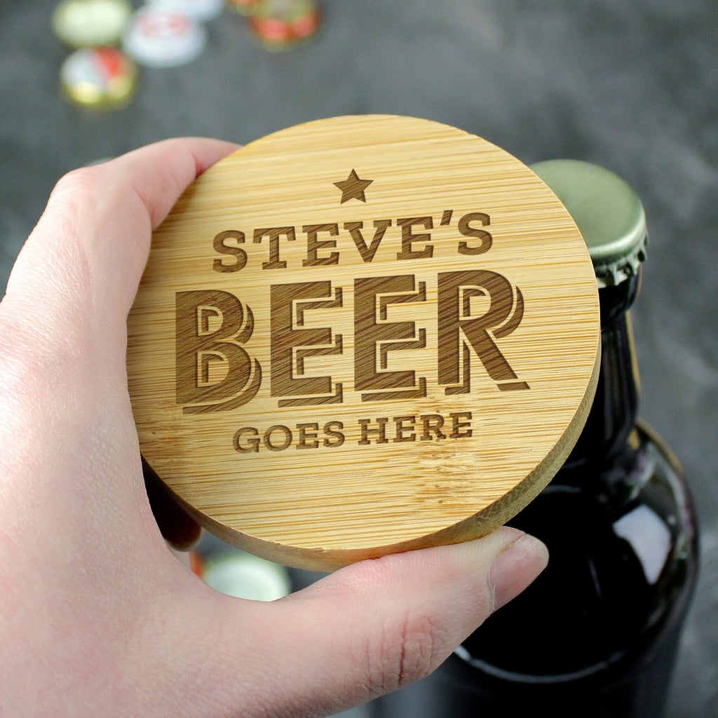 Personalised Beer Goes Here Bamboo Bottle Opener Coaster, Father's day Gift for Men - Engraved Memories