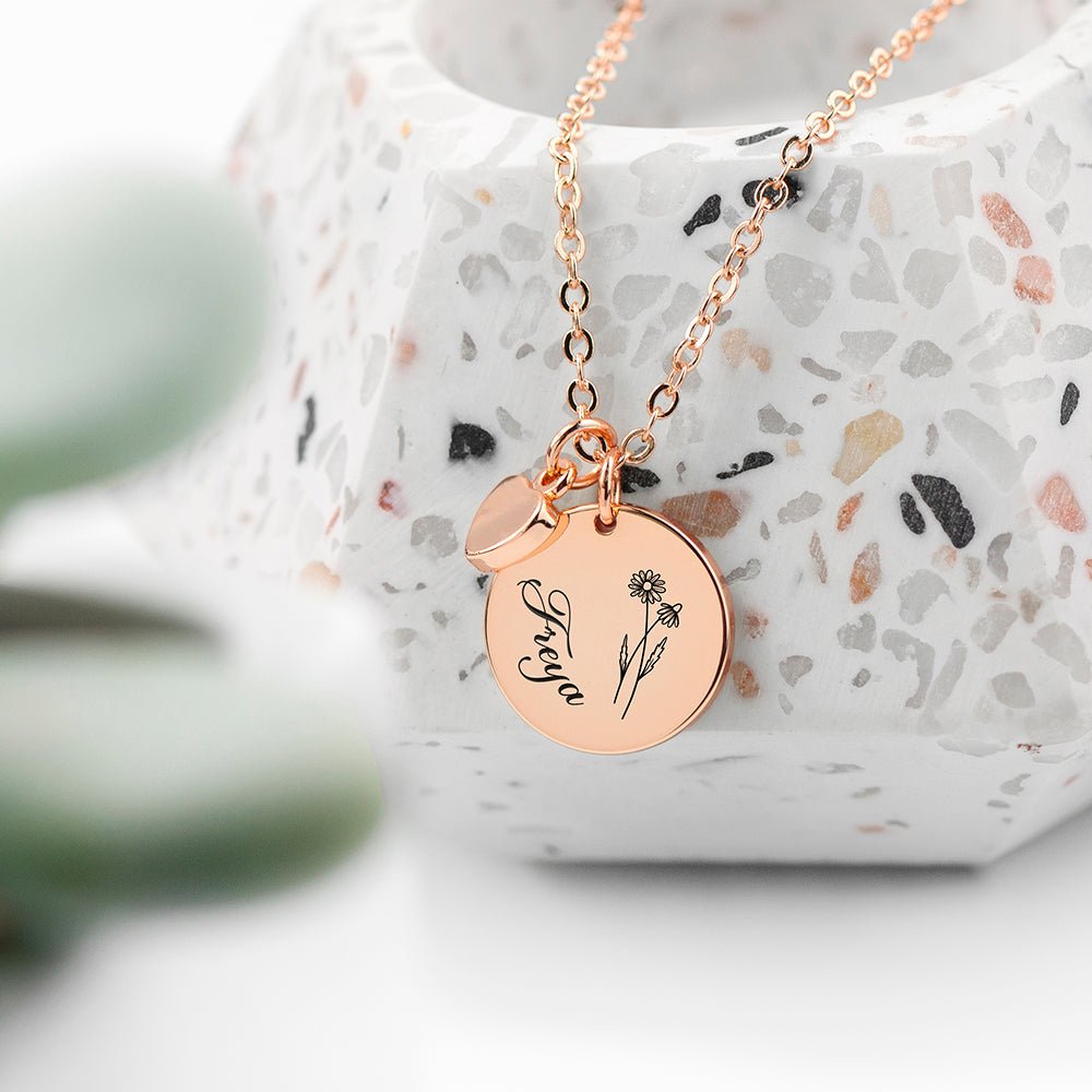 Personalised Birth Flower Heart and Disc Necklace - Engraved Memories