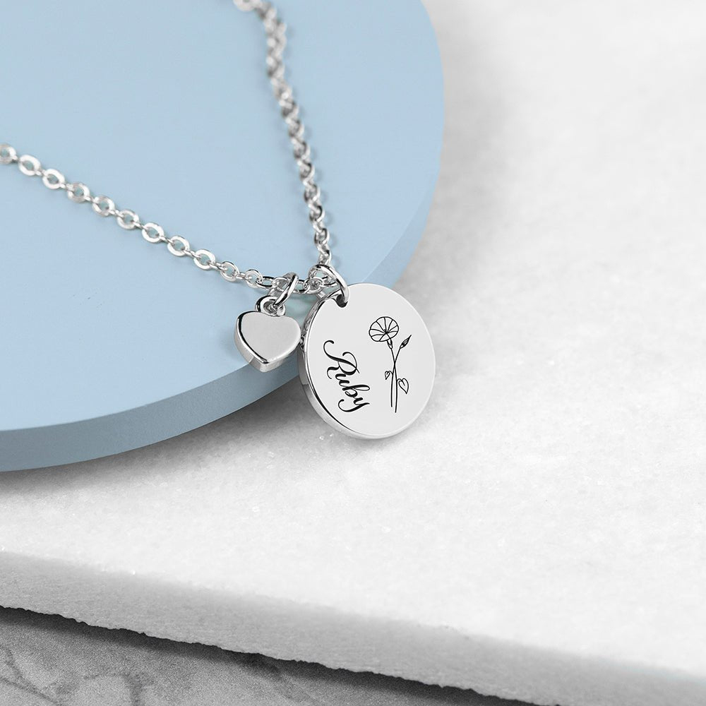 Personalised Birth Flower Heart and Disc Necklace - Engraved Memories