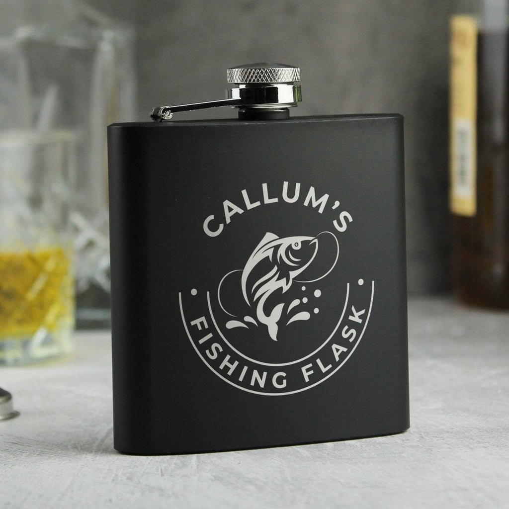 Personalised Fishing Black Hip Flask, Father's day Gift for Men - Engraved Memories