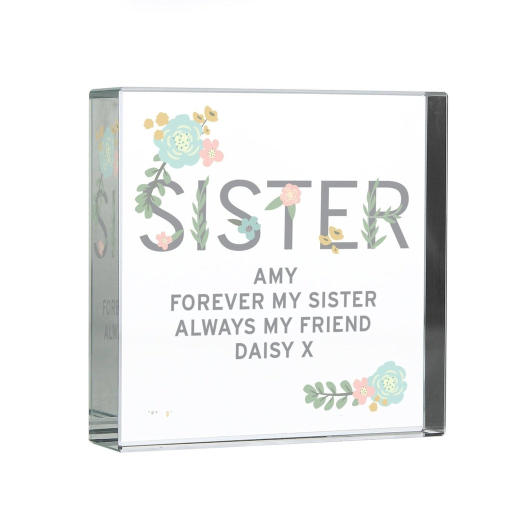 Personalised Floral Sister Large Crystal Token - Engraved Memories