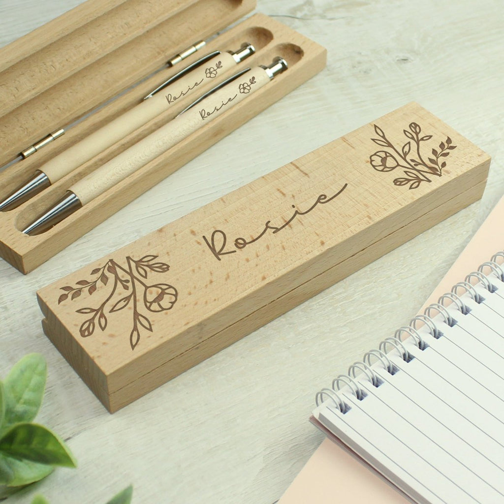 Personalised Floral Wooden Pen and Pencil Set - Engraved Memories