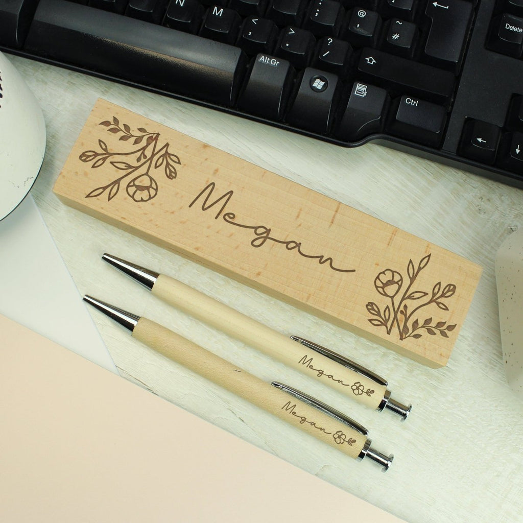 Personalised Floral Wooden Pen and Pencil Set - Engraved Memories