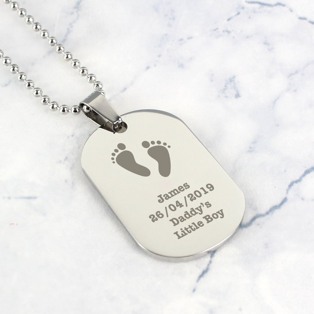 Personalised Footprints Stainless Steel Dog Tag Necklace, Father's day Gift for Men - Engraved Memories