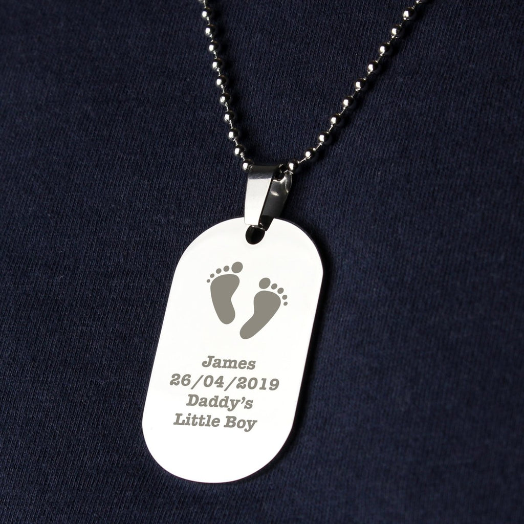 Personalised Footprints Stainless Steel Dog Tag Necklace, Father's day Gift for Men - Engraved Memories