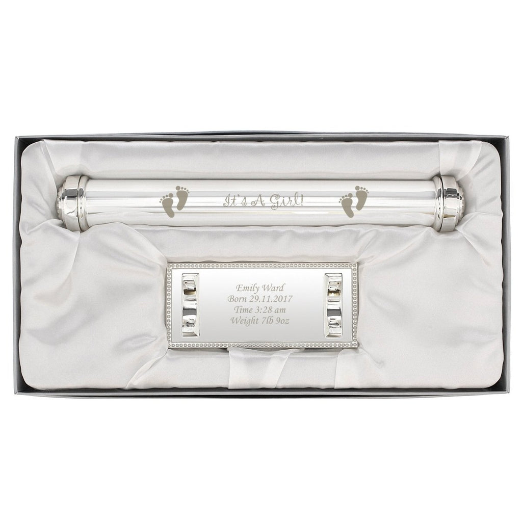 Personalised Its A Girl Silver Plated Certificate Holder - Engraved Memories