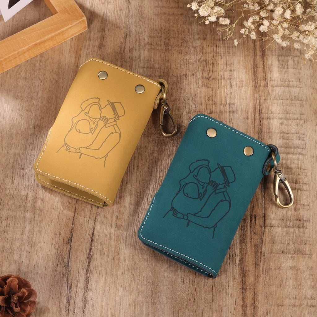 Personalised Leather Key Holder with Engraved Initial and Line Artwork, Line Art from photo - Engraved Memories