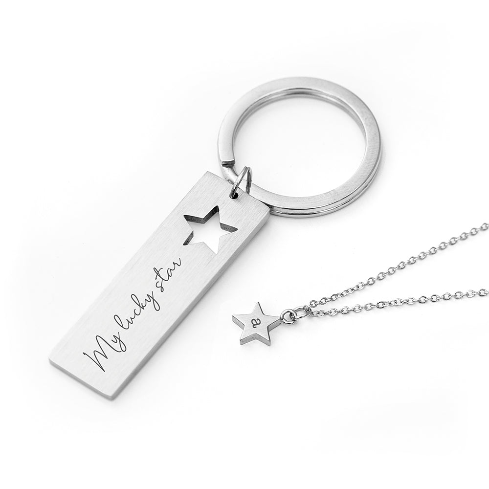 Personalised Lucky Star Necklace & Keyring Set - Engraved Memories