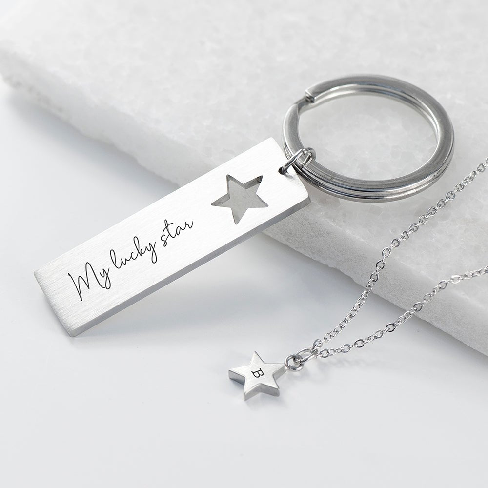 Personalised Lucky Star Necklace & Keyring Set - Engraved Memories
