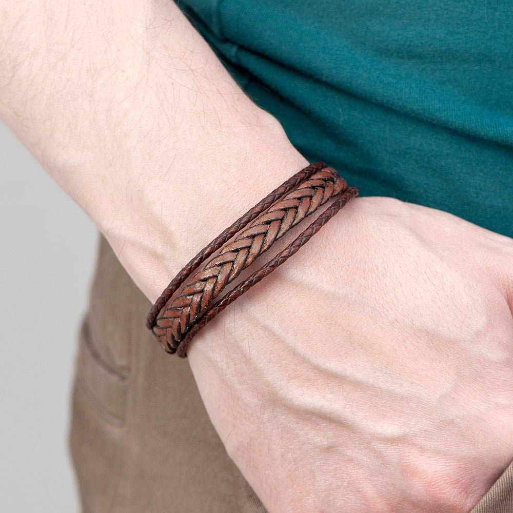 Personalised Men's Woven Layered Brown Leather Bracelet - Engraved Memories