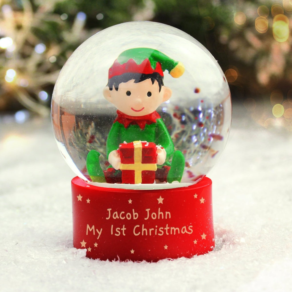 Personalised Message Elf Glitter Snow Globe - Engraved Memories