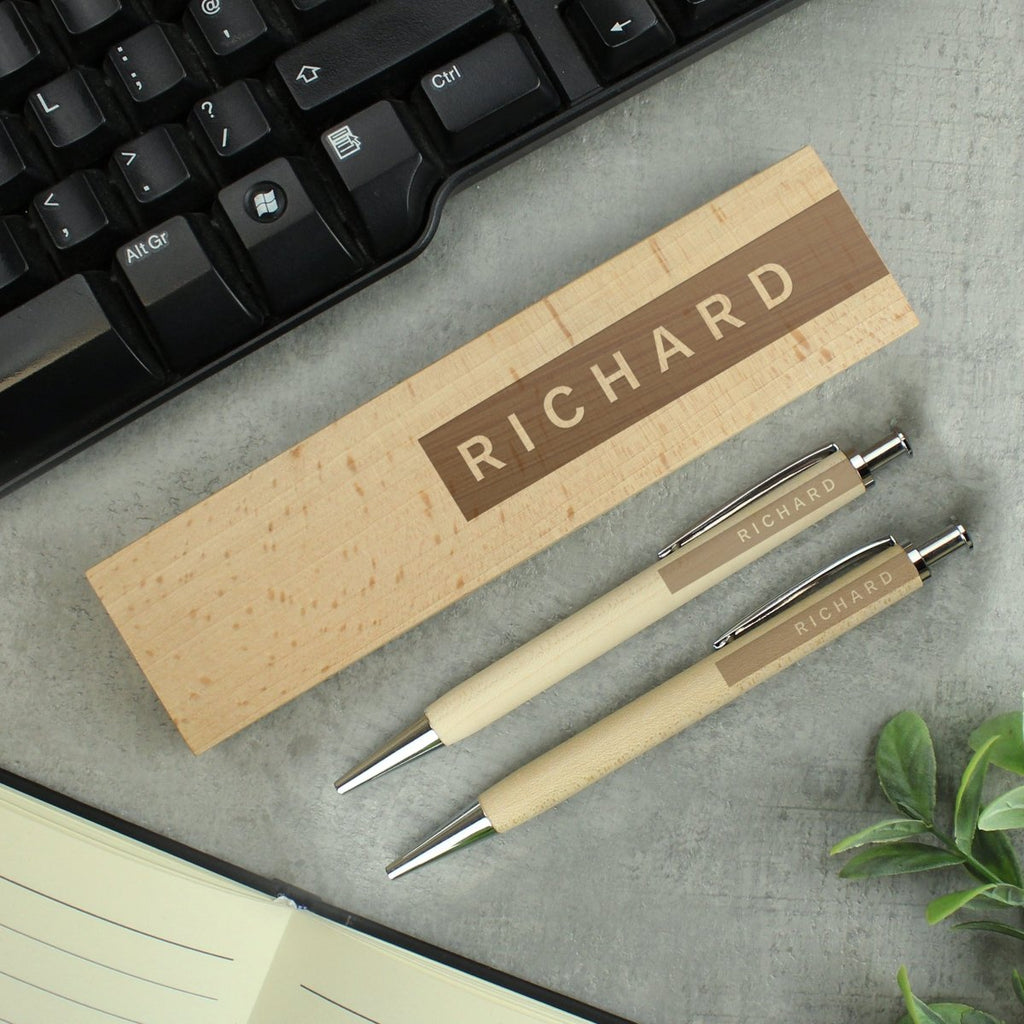 Personalised Name Only Wooden Pen and Pencil Set - Engraved Memories