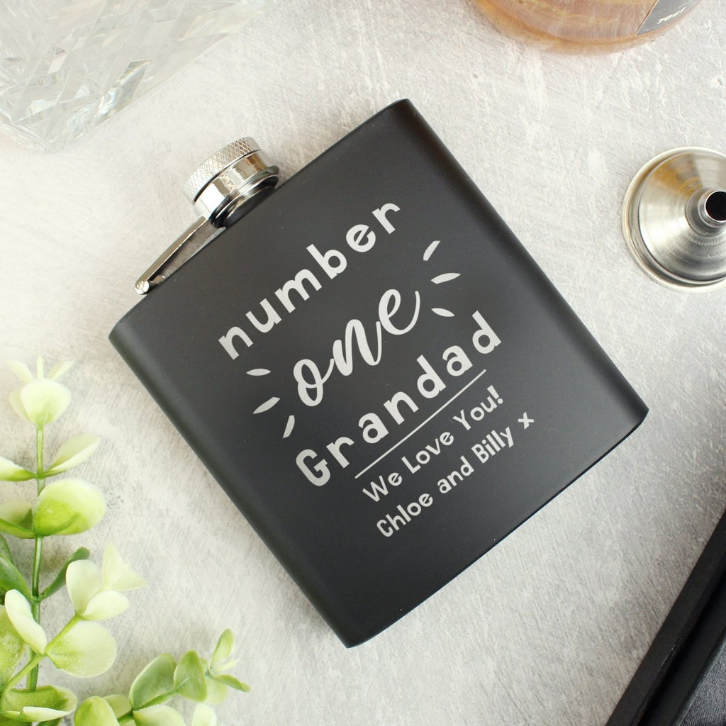 Personalised Number One Black Hip Flask, Father's day Gift for Men - Engraved Memories