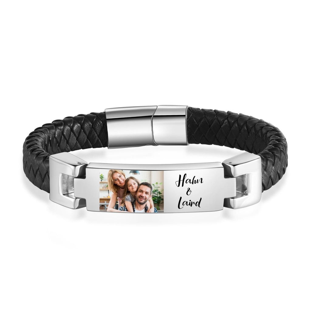 Personalised Photo and Names, Leather and Steel Men's Bracelet - Engraved Memories