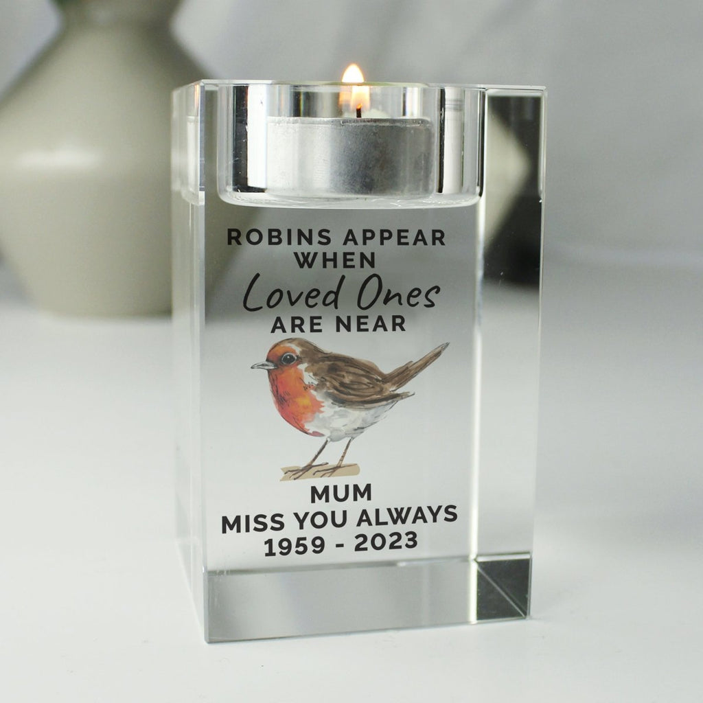 Personalised Robin Memorial Glass Tealight Holder - Engraved Memories