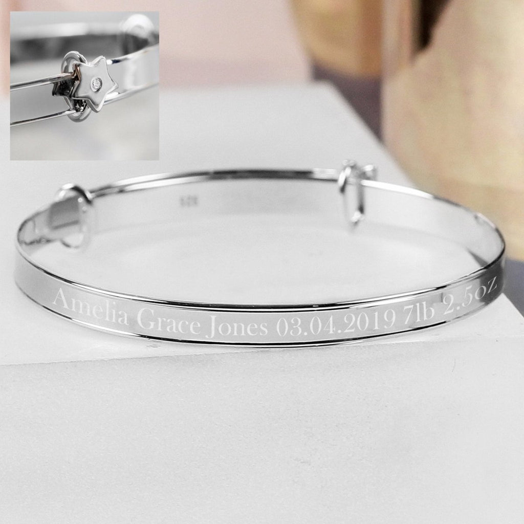 Personalised Sterling Silver Childs Expanding Diamante Star Bracelet - Engraved Memories