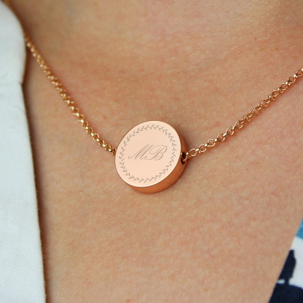 Personalised Wreath Initials Rose Gold Tone Disc Necklace - Engraved Memories