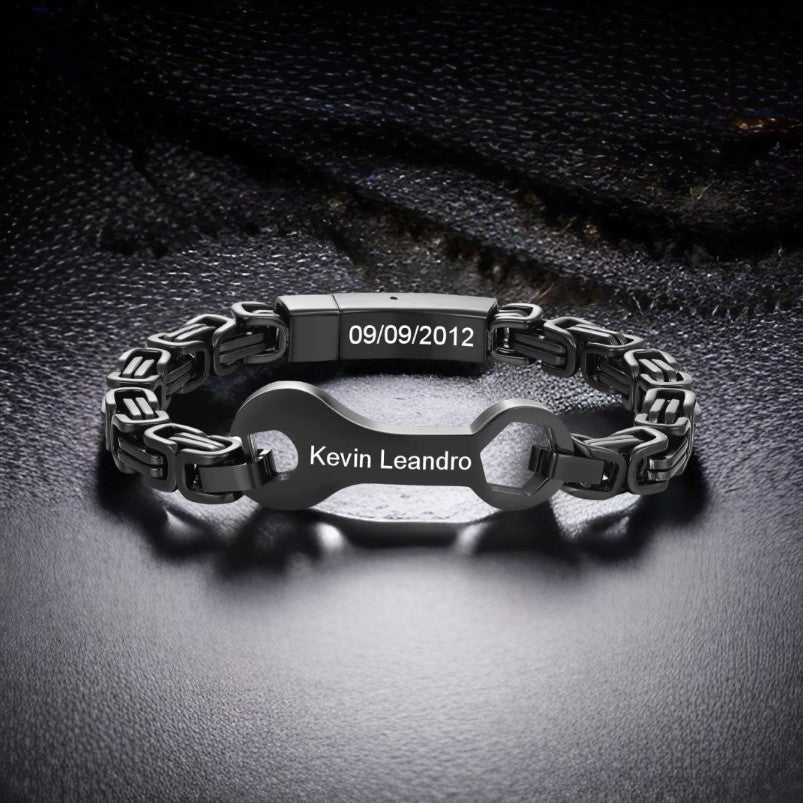 Personalised Wrench Design Black Stainless Steel Men's Bracelet with Names and Date, Father's Day Gift, Custom Dad Bracelet - Engraved Memories