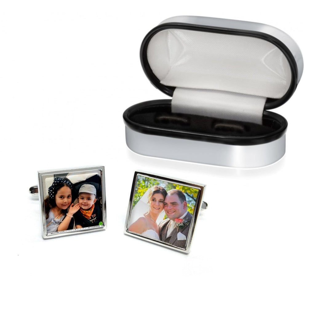Personalised Photo Cufflinks in an Engraved Chromed Box - Engraved Memories