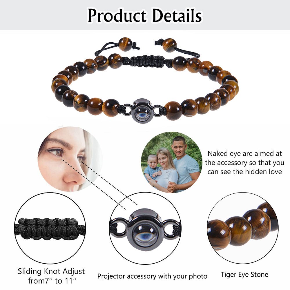 Photo Projection Bracelet, Personalised Projected Photo Bead Bracelet for Men - Father's day Gift - Engraved Memories