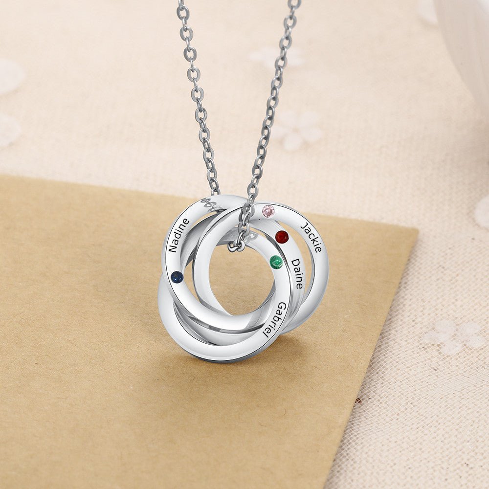 Ring Necklace, Personalised Names and Birthstones Circle of Life Necklace - Engraved Memories