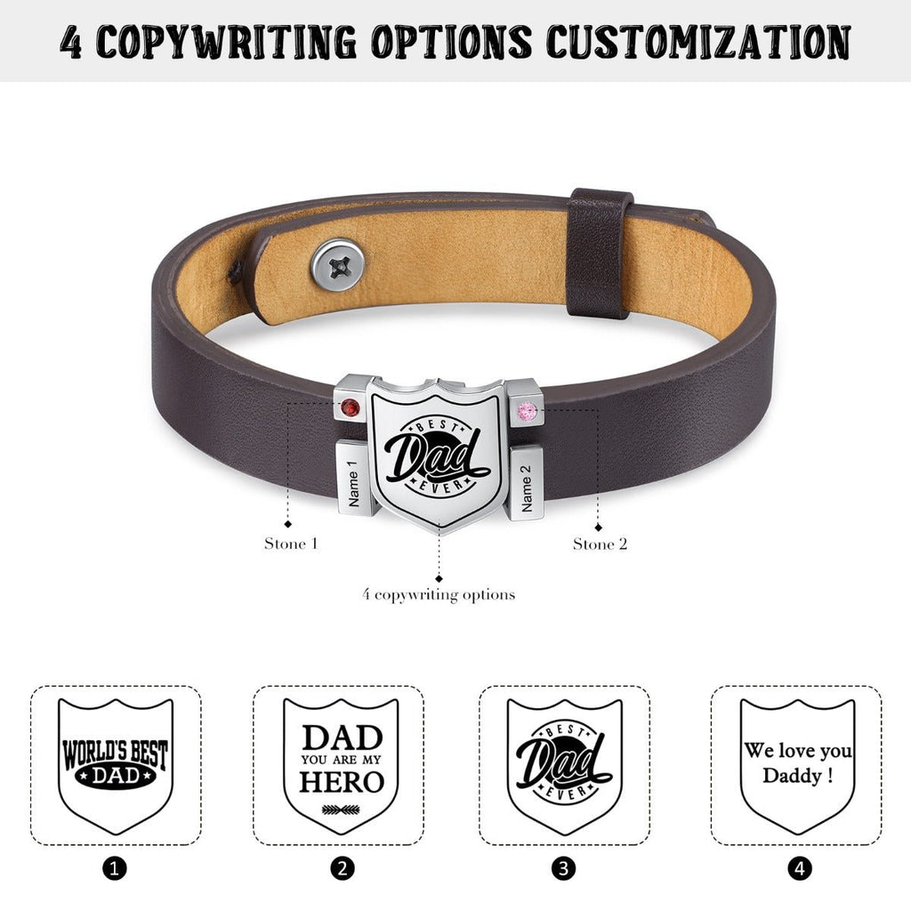 Stainless Steel Leather DAD Bracelet With Birthstones | Father's day - Engraved Memories