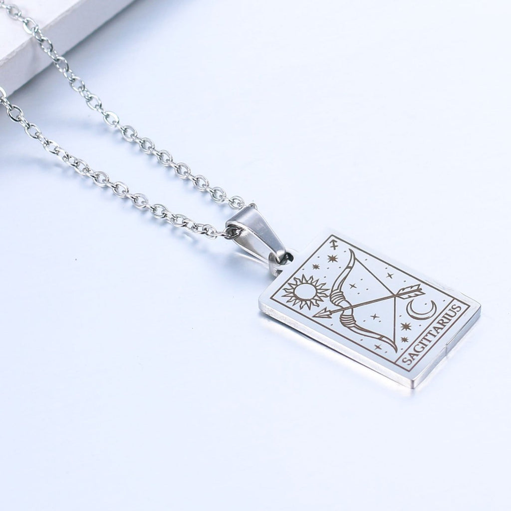 Zodiac Sign Necklace - Tarot Card Style Design Zodiac Rectangular Necklace - Engraved Memories